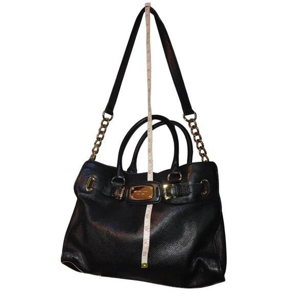Michael Kors Satchel Hamilton Black Leather Handbag Gold Chain Strap Logo Plate - Picture 7 of 14